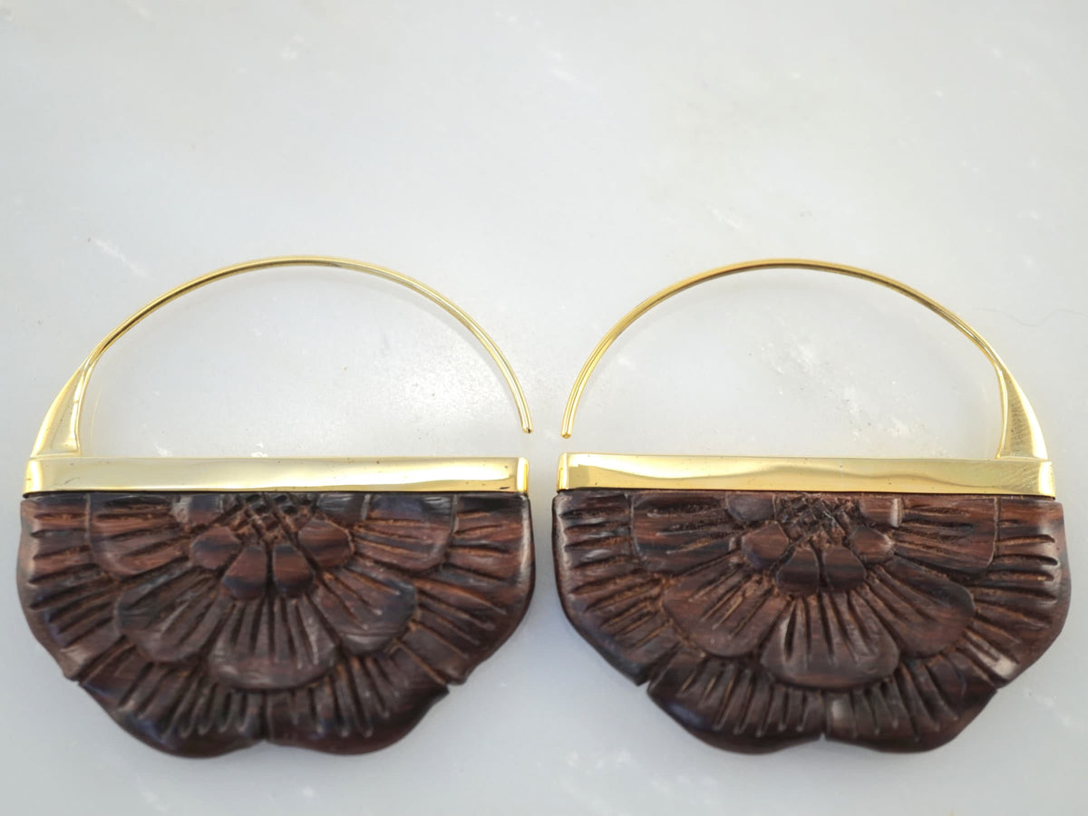 Wood Earrings - Flower earrings Brass - Large Rising Sun