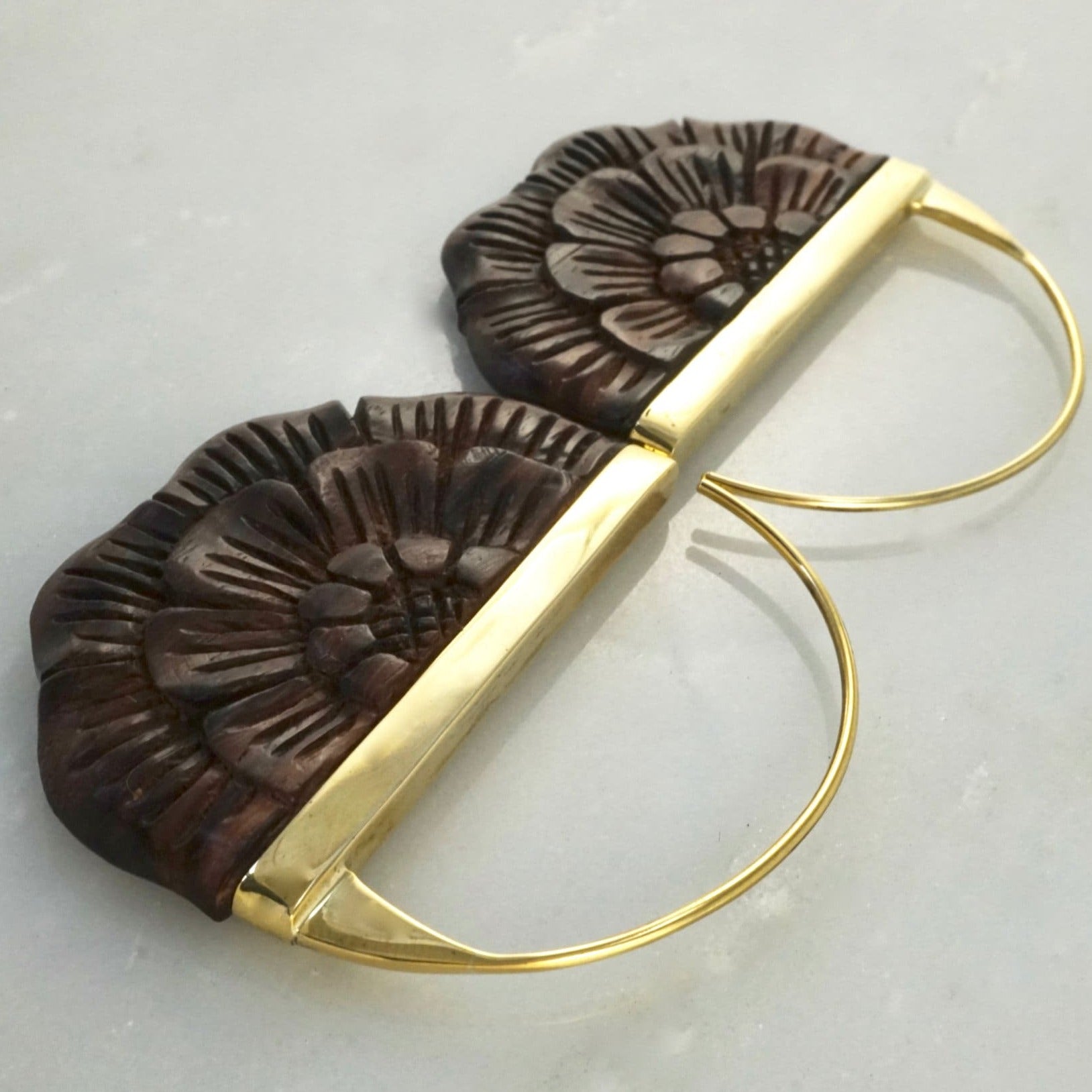 Wood Earrings - Flower earrings Brass - Large Rising Sun