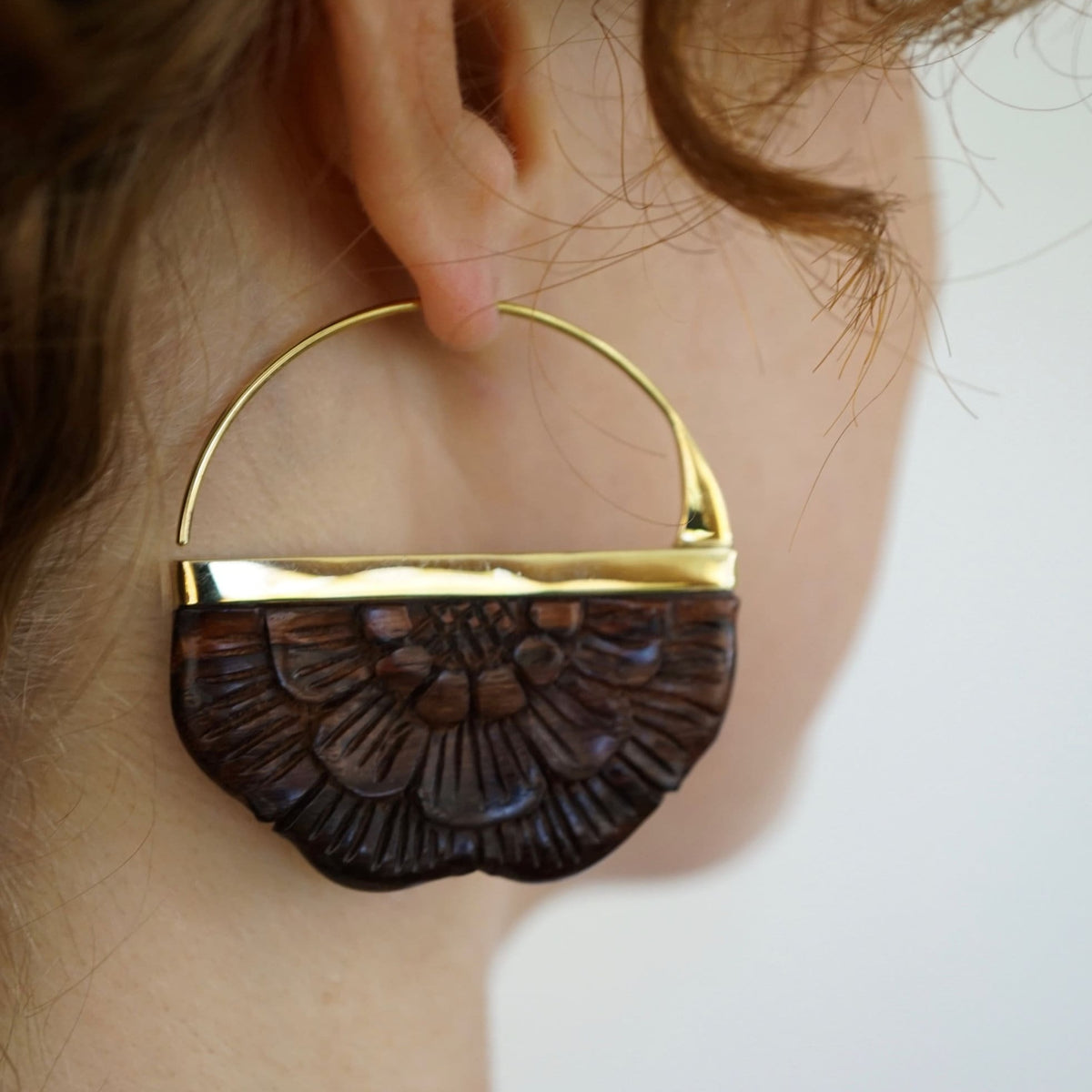 Wood Earrings - Flower earrings Brass - Large Rising Sun