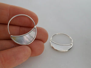 Small Mother of Pearl Crescent Moon Hoop Earrings with Sterling Silver - Hand-carved