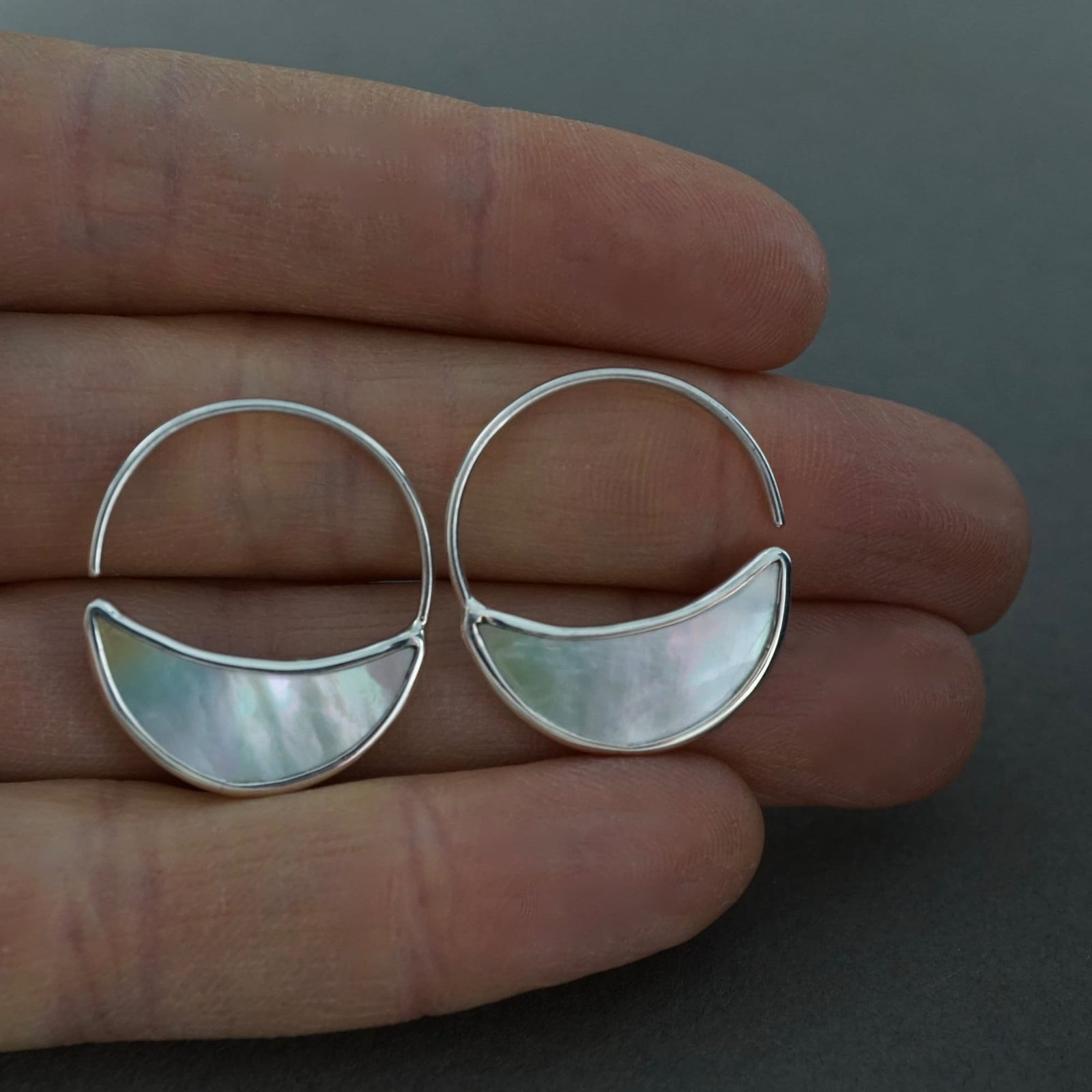 Small Mother of Pearl Crescent Moon Hoop Earrings with Sterling Silver - Hand-carved
