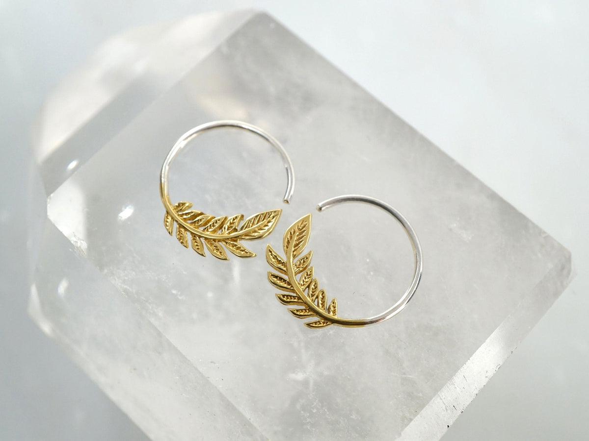 Tiny Leaf Hoop Earrings - Nature Jewelry - 17mm Olive Leaf Sleeper - gold-tone w/ solid sterling hoop (232B)