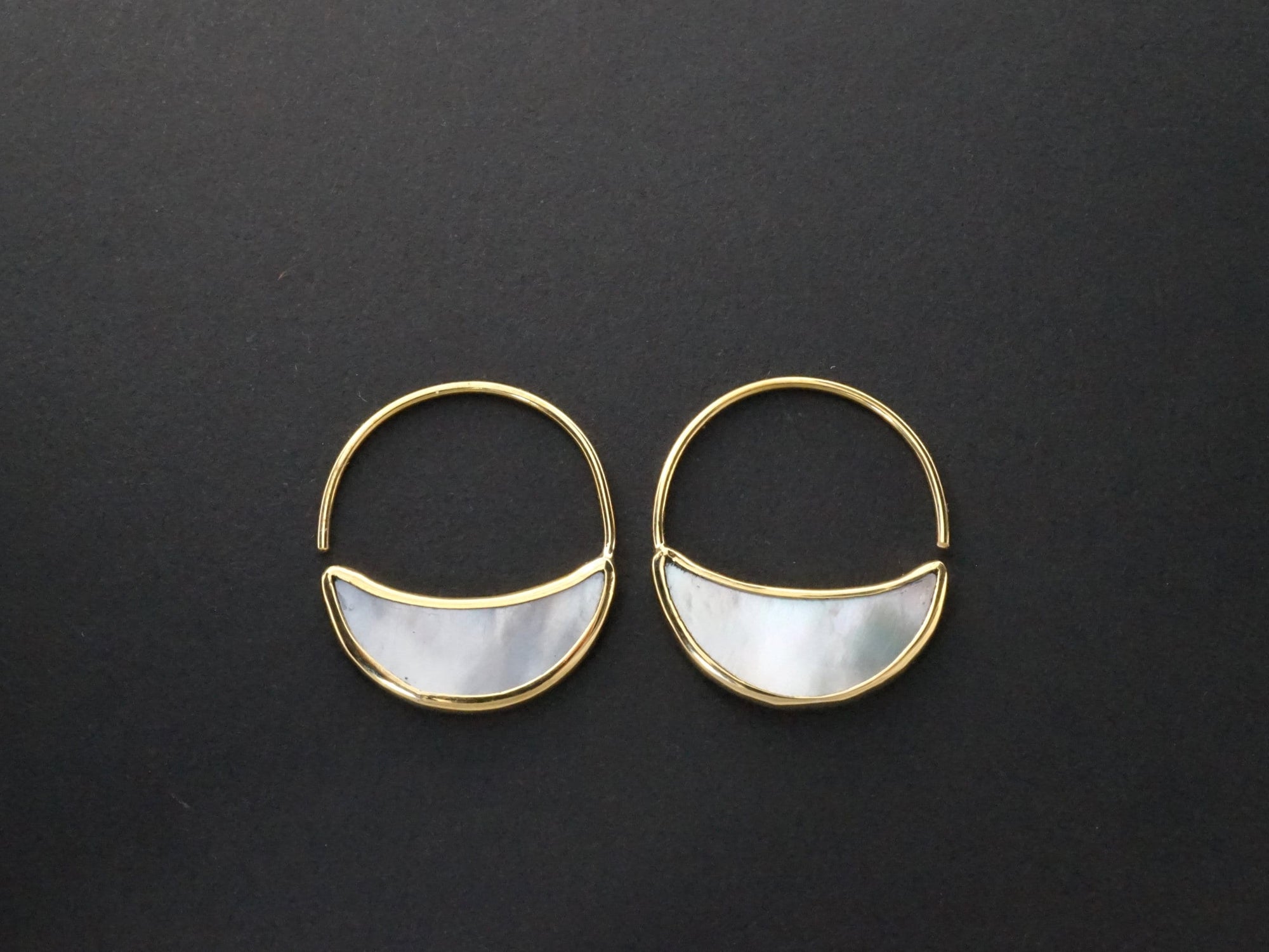 Small Mother of Pearl Crescent Moon Hoop Earrings with Sterling Silver - Hand-carved