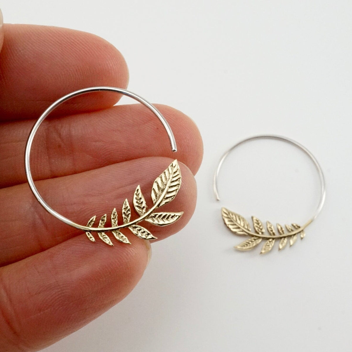 Olive Leaf Earrings - Brass with solid sterling silver hoop - Peace Earrings