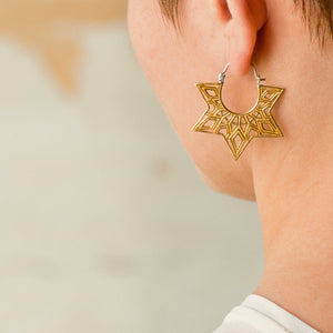 Mandala Earrings - Sterling Silver - Star Earrings - Tunnel Earrings - Gold Star - Boho Hoops (244)