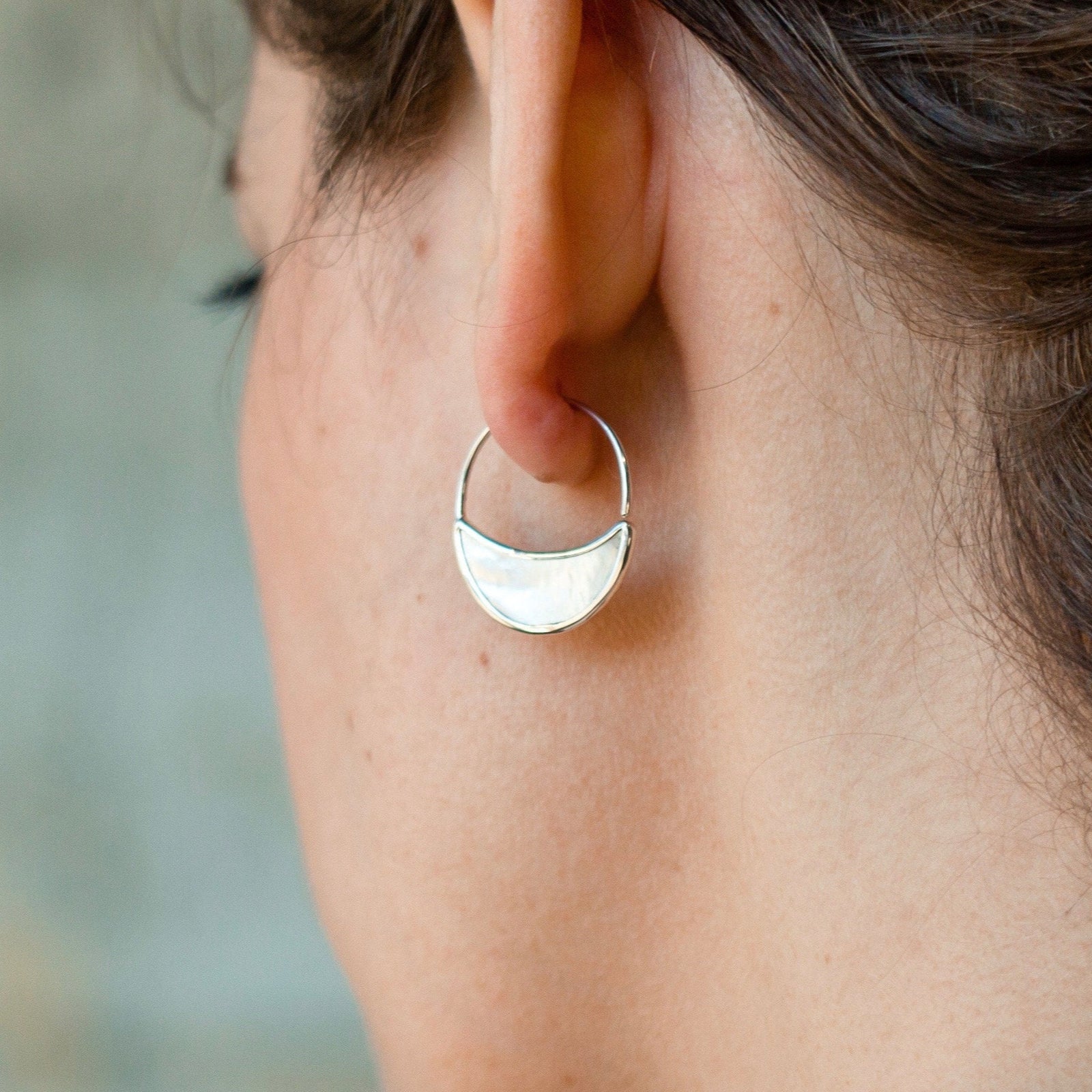 Small Mother of Pearl Crescent Moon Hoop Earrings with Sterling Silver - Hand-carved