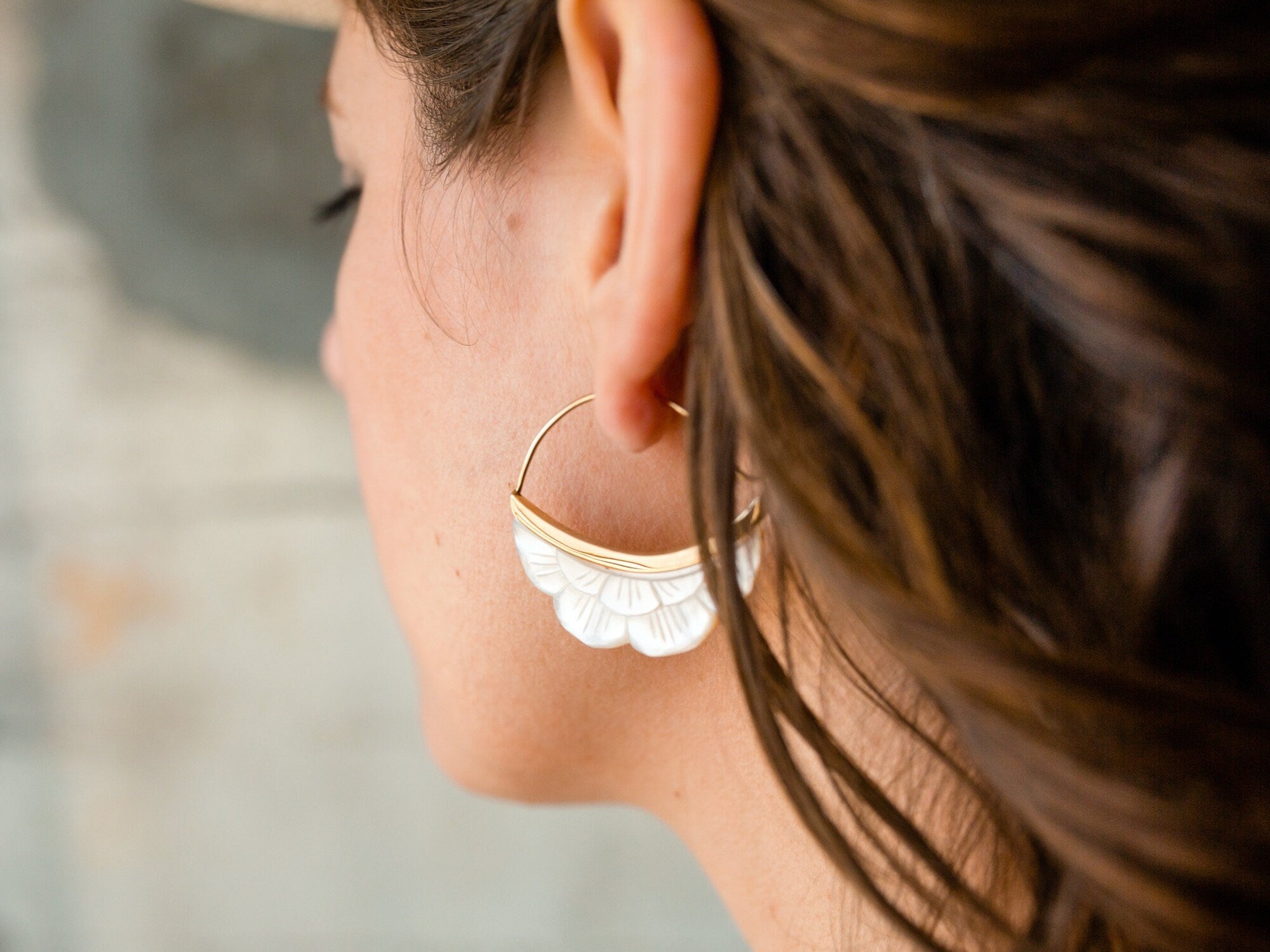 Mother of Pearl Moon Earrings - Crescent Moon Flower - Mother of pearl with Gold-tone bezel (b222)