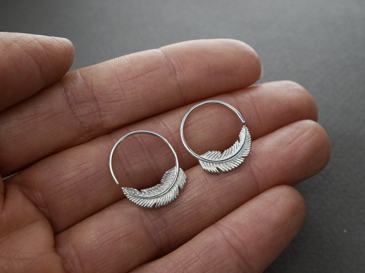 Tiny Silver Feather Earrings 18mm - Nature Jewelry - silver hoops (264S)
