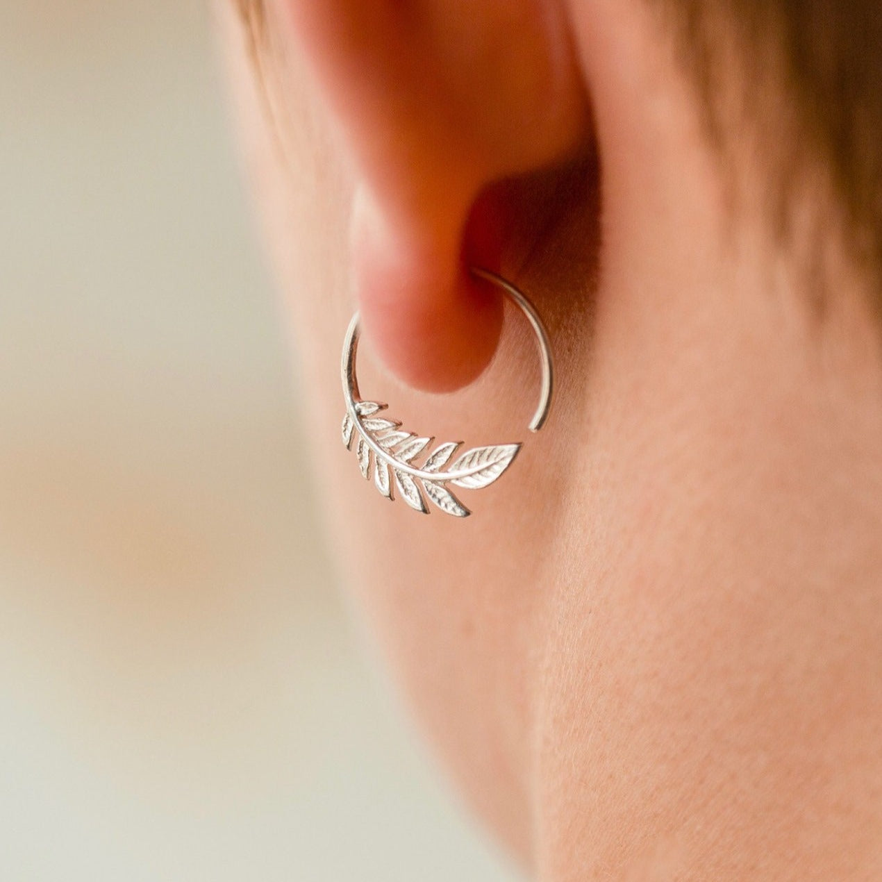 Tiny Leaf Hoop Earrings - Nature Jewelry - 17mm Olive Leaf Sleeper - gold-tone w/ solid sterling hoop (232B)