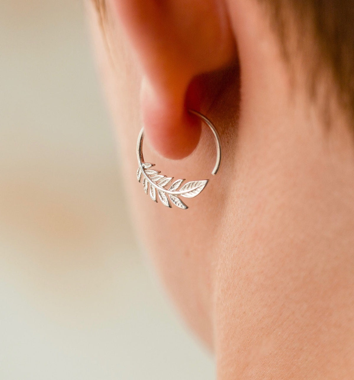 Tiny Leaf Hoop Earrings - Nature Jewelry - 17mm Olive Leaf Sleeper - gold-tone w/ solid sterling hoop (232B)