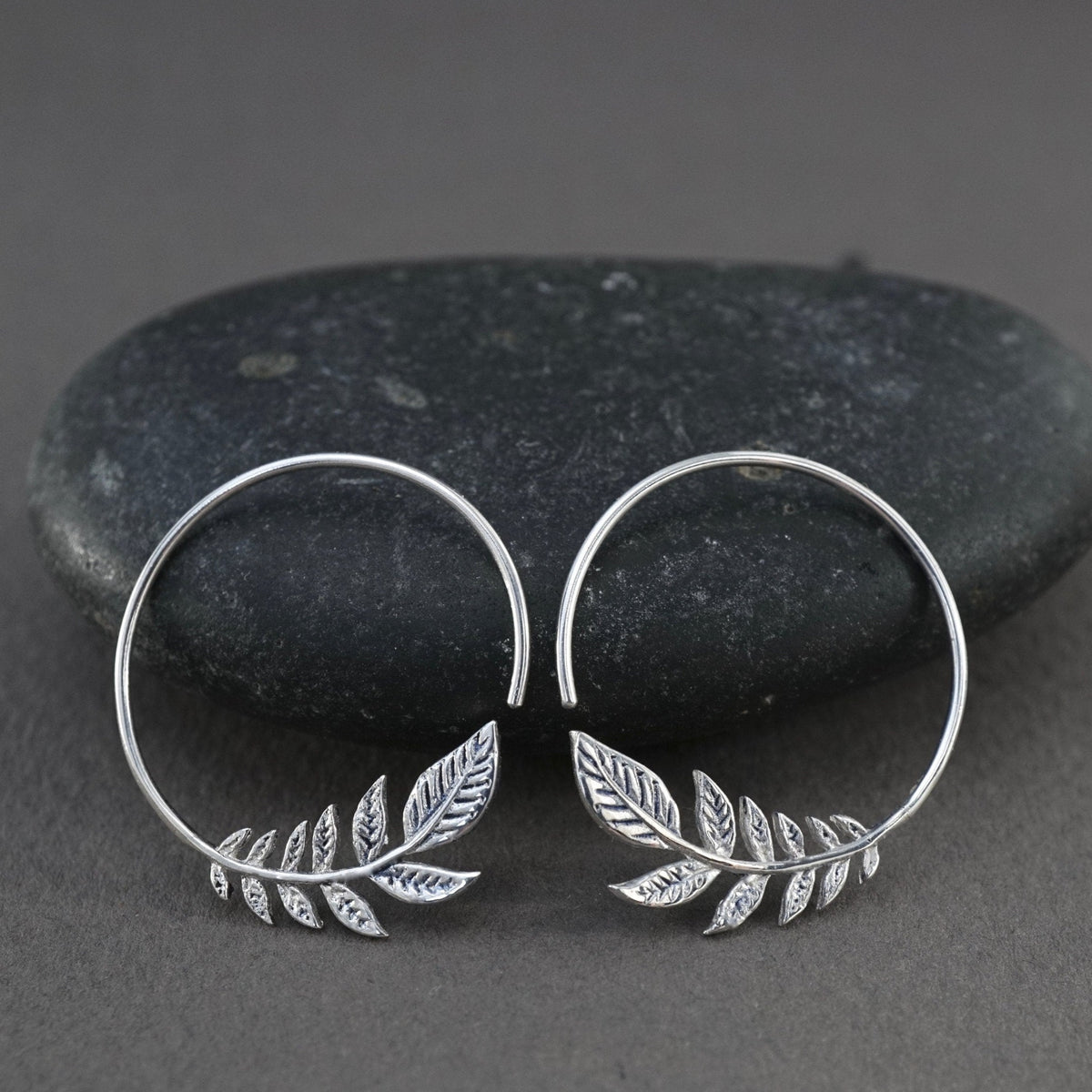 Leaf Earrings - Small Sterling Silver Hoop Earrings - Olive Leaves. (134S)