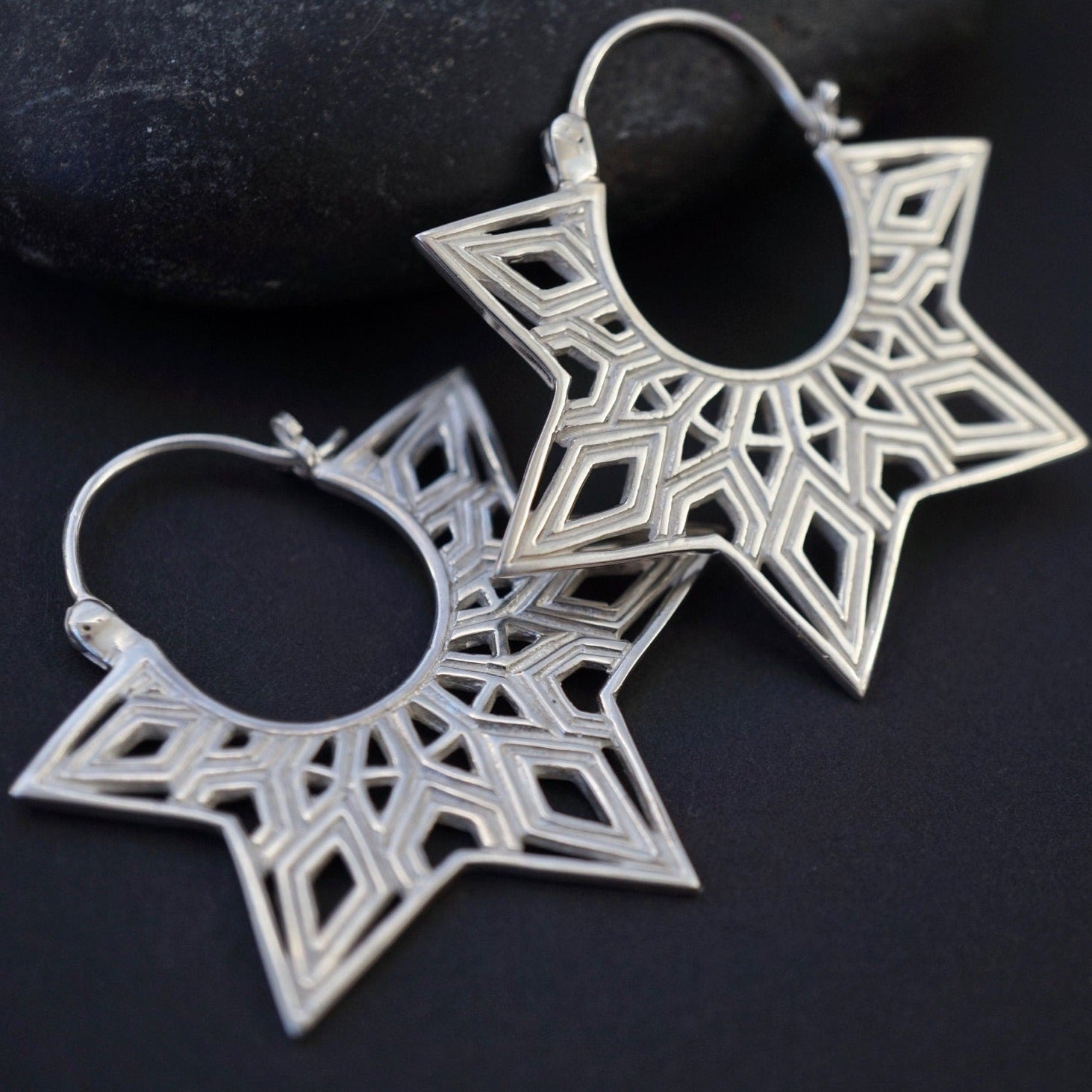 Mandala Earrings - Sterling Silver - Star Earrings - Tunnel Earrings - Gold Star - Boho Hoops (244)