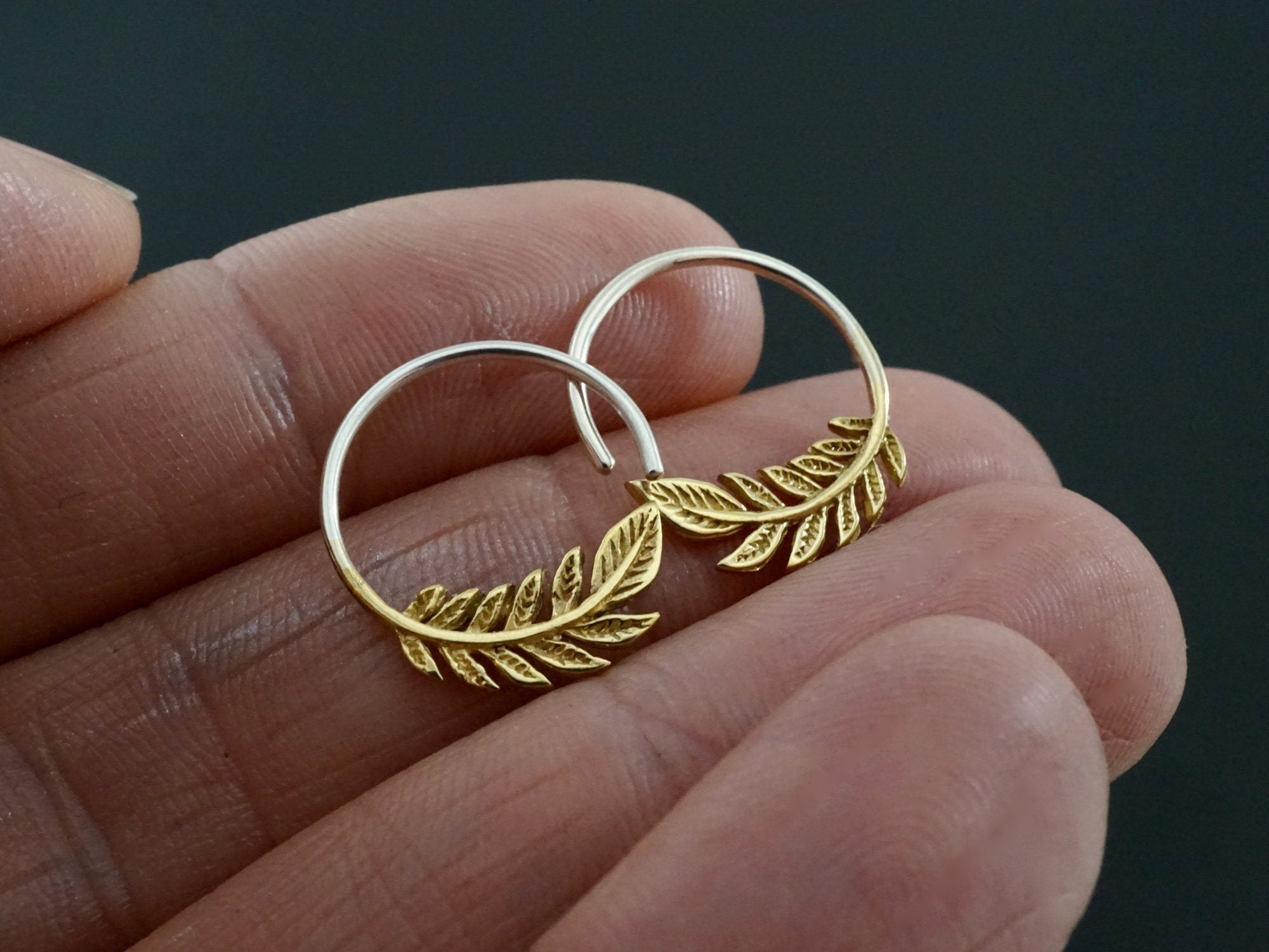 Tiny Leaf Hoop Earrings - Nature Jewelry - 17mm Olive Leaf Sleeper - gold-tone w/ solid sterling hoop (232B)