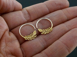 Tiny Leaf Hoop Earrings - Nature Jewelry - 17mm Olive Leaf Sleeper - gold-tone w/ solid sterling hoop (232B)