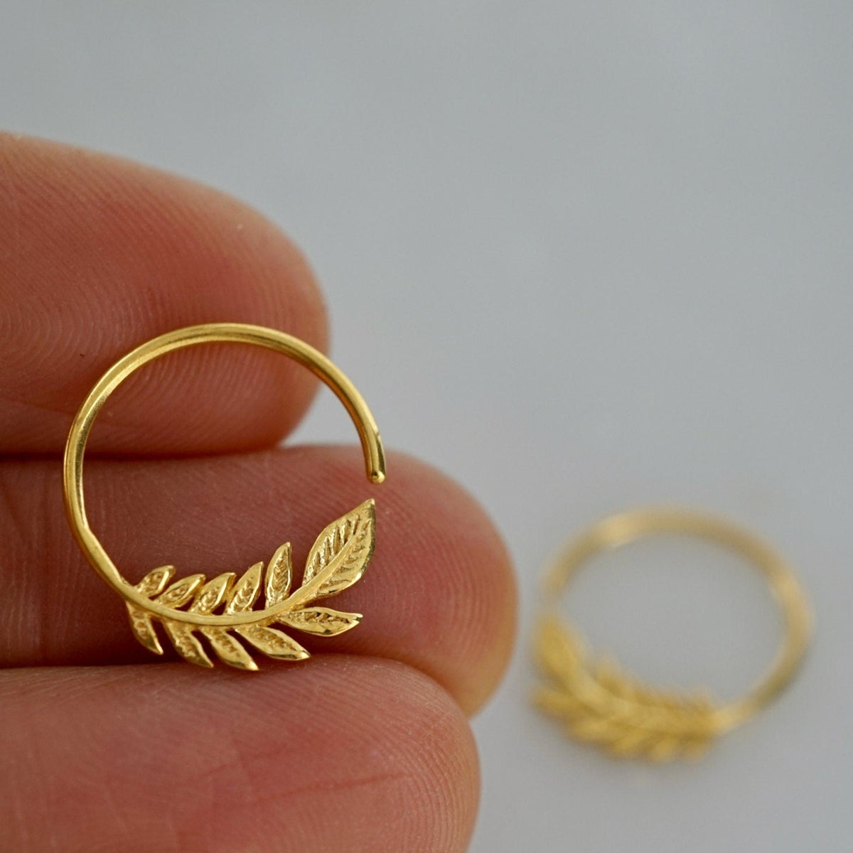 Tiny Leaf Hoop Earrings - Nature Jewelry - 17mm Olive Leaf Sleeper - gold-tone w/ solid sterling hoop (232B)