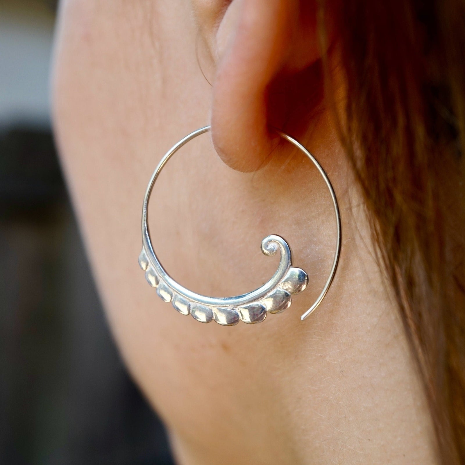 Spiral Earrings Solid Sterling Silver - Minimalist Scalloped Hoop Threader Earrings Medium (104S)