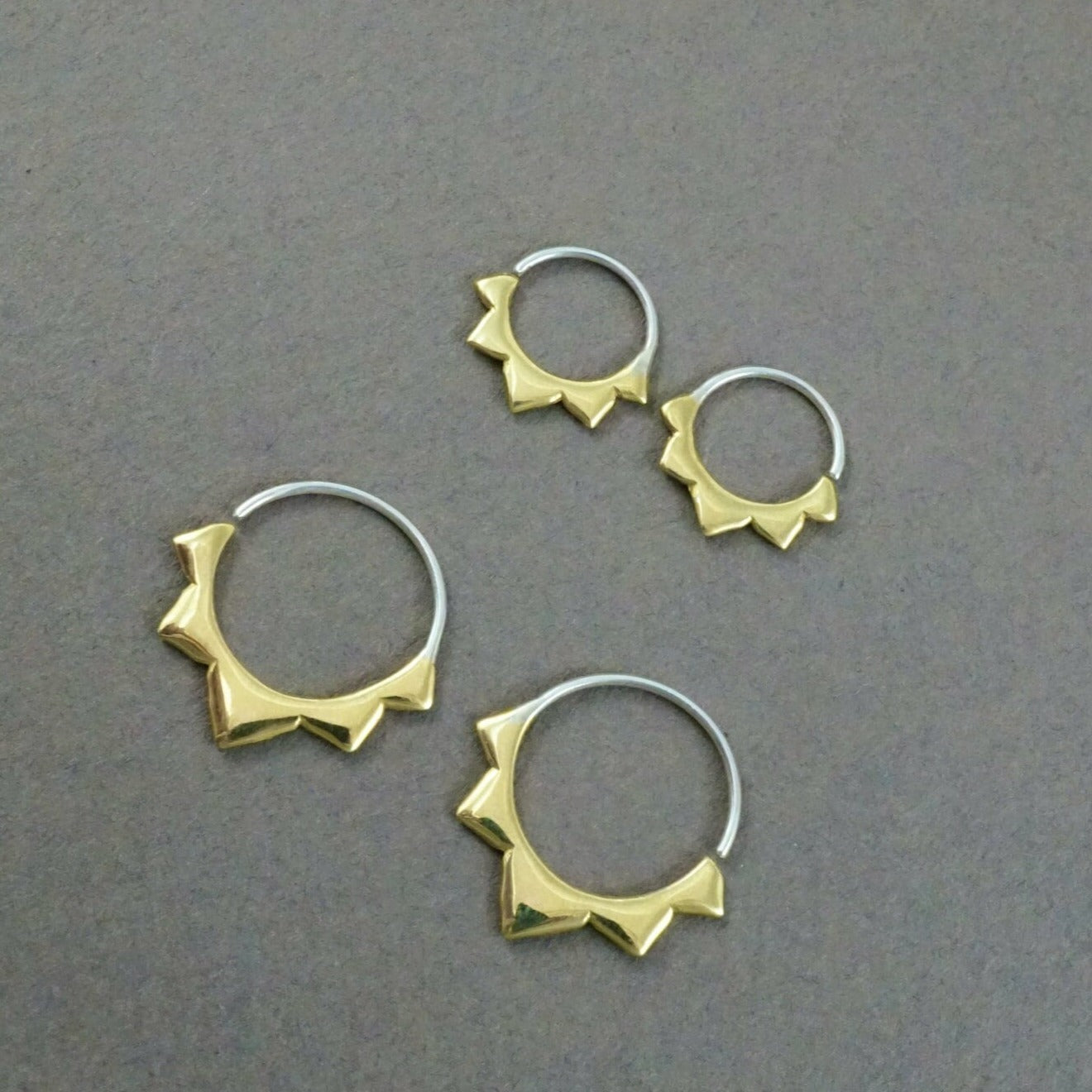 Gold Hoops Two Sets - Flower petal Sleeper Earrings  9mm, 14mm -  Artisan Brass w/ Silver Hoops (276B, 278B)