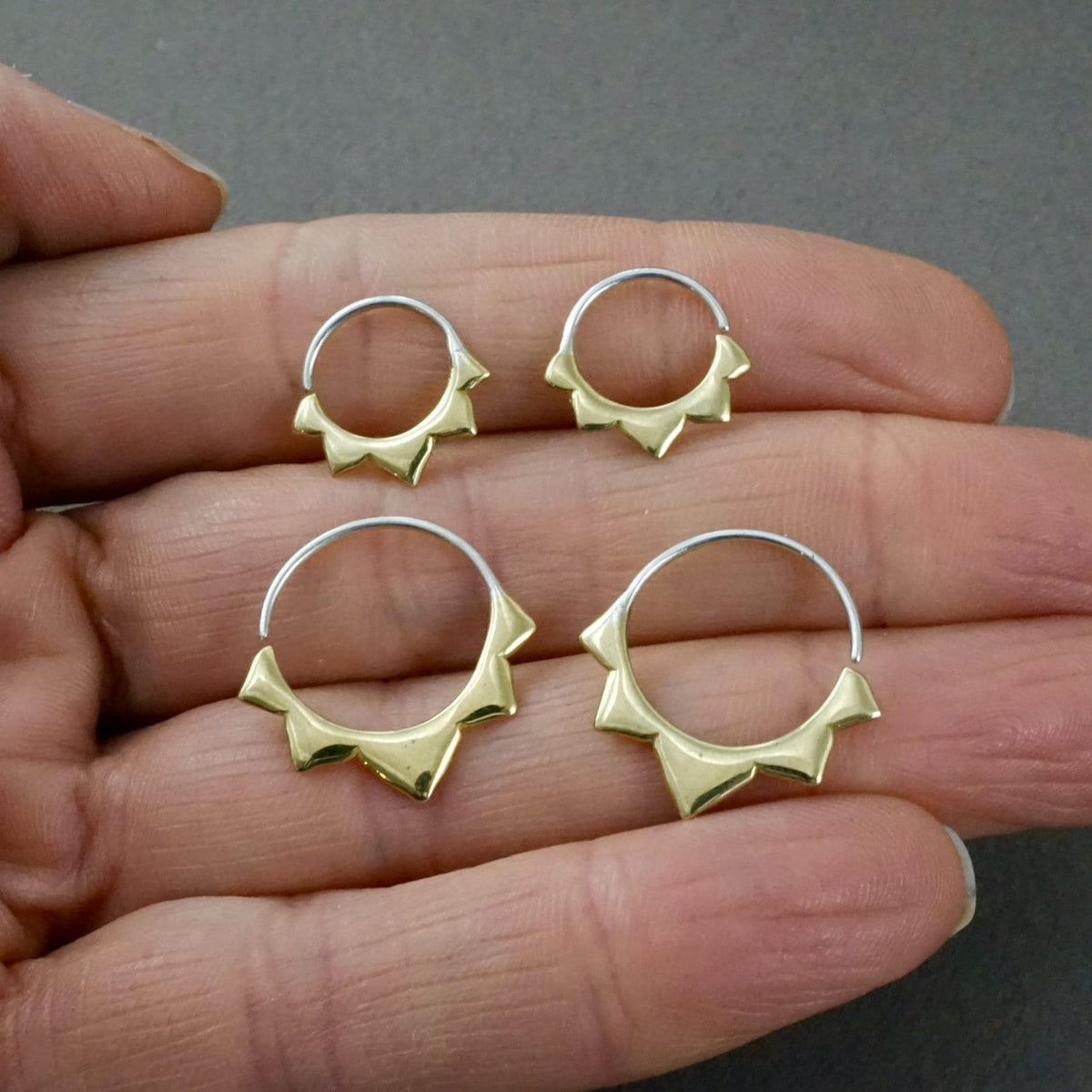Gold Hoops 14mm - Flower petal Sleeper Earrings - Artisan Brass w/ Silver Hoops (276B)