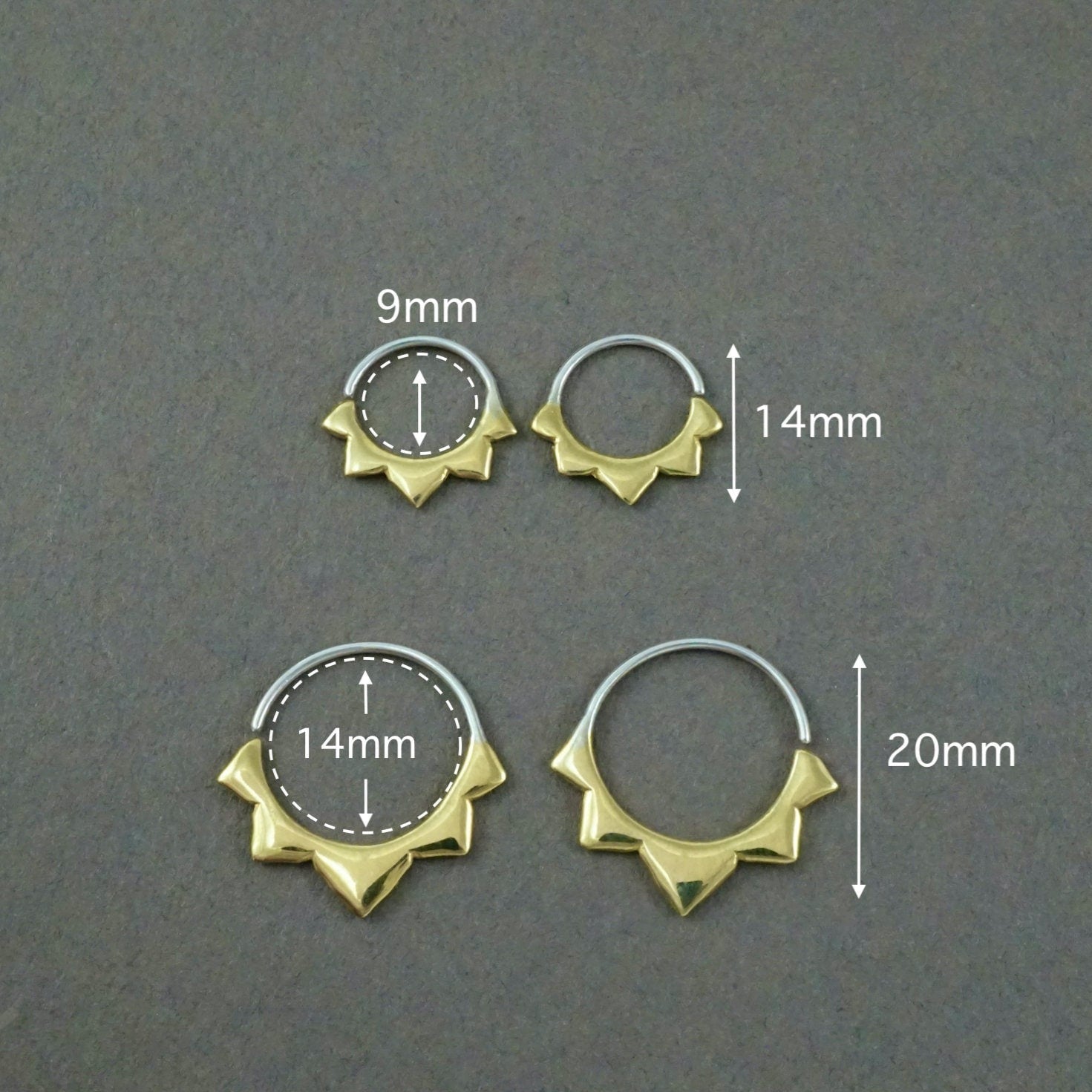 Gold Hoops Two Sets - Flower petal Sleeper Earrings  9mm, 14mm -  Artisan Brass w/ Silver Hoops (276B, 278B)