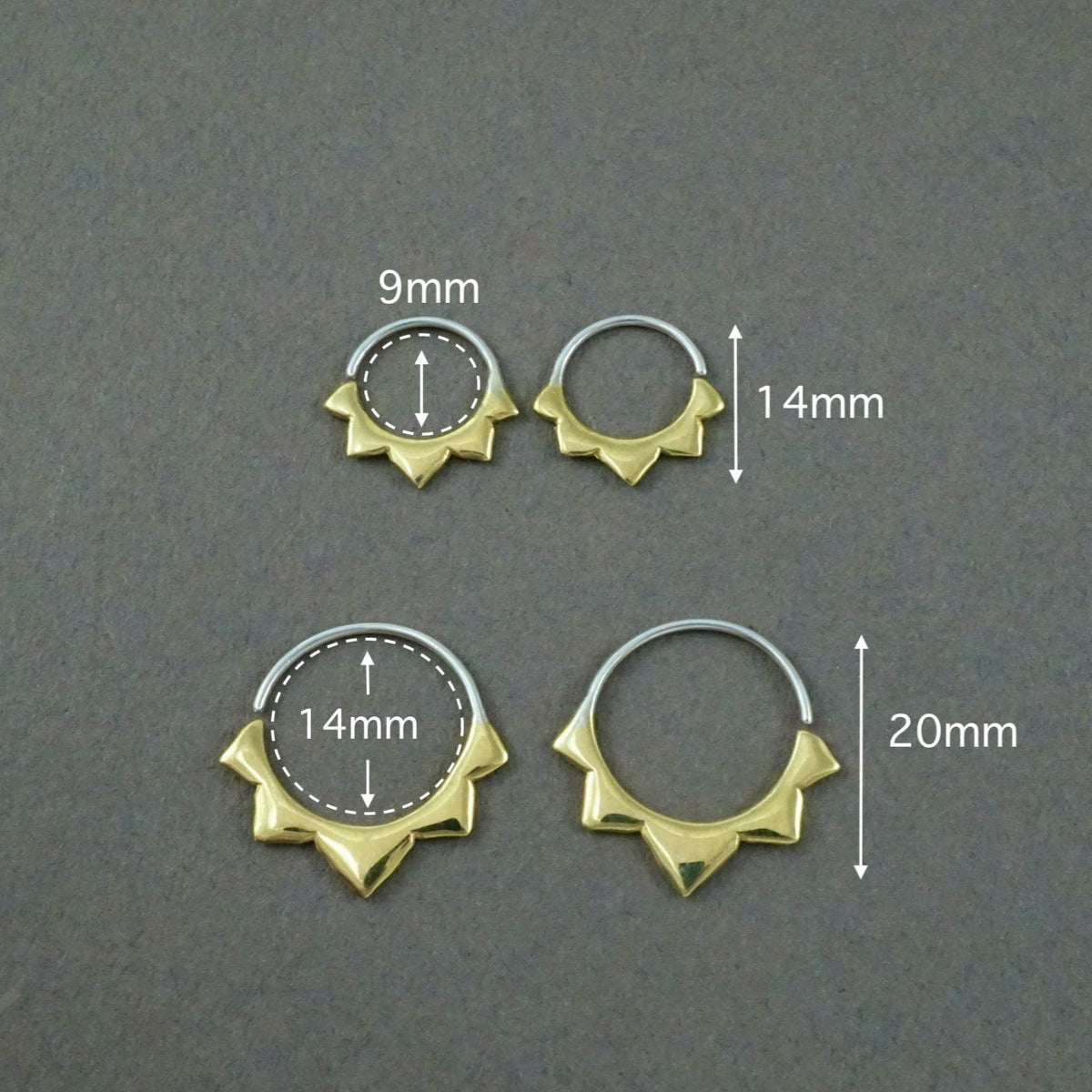 Gold Hoops 14mm - Flower petal Sleeper Earrings - Artisan Brass w/ Silver Hoops (276B)