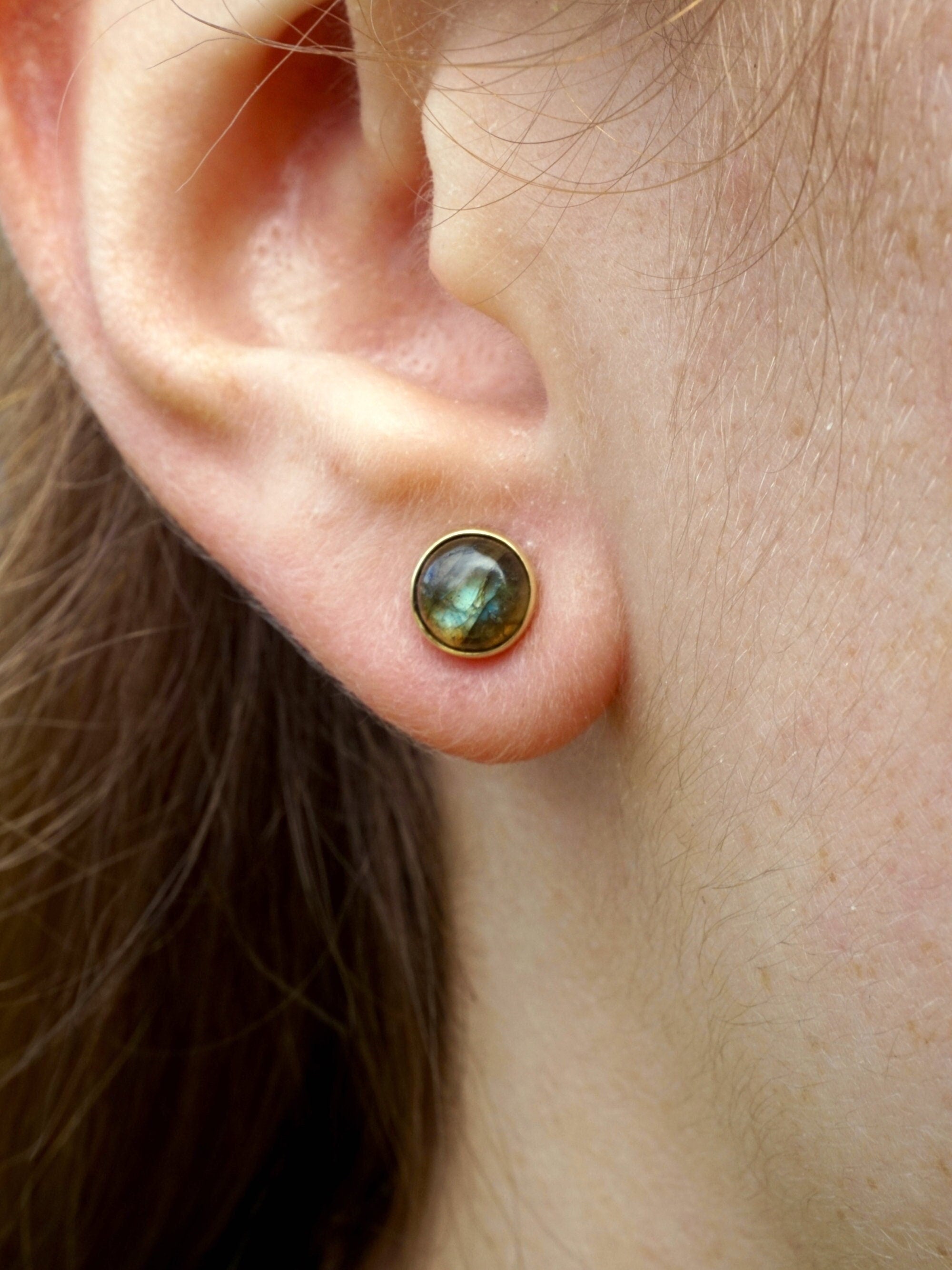 Labradorite Studs Earrings Gold-tone Bezel | February Birthstone Gift (250BL)