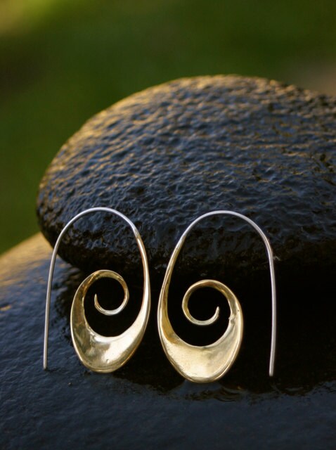 Tribal Spiral Earrings - Brass w/ silver ear-wire - Tribal Spiral