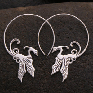 Rising Phoenix Bird Hoop Earrings in Solid Sterling Silver (S52)