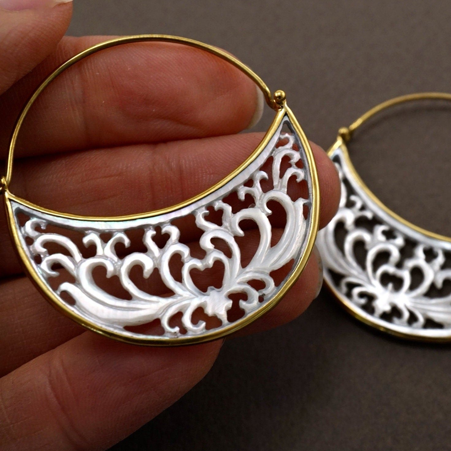 Crescent Moon Earrings - Ornate Mother Of Pearl Hoops - Eclipse Statement earrings - (292B)