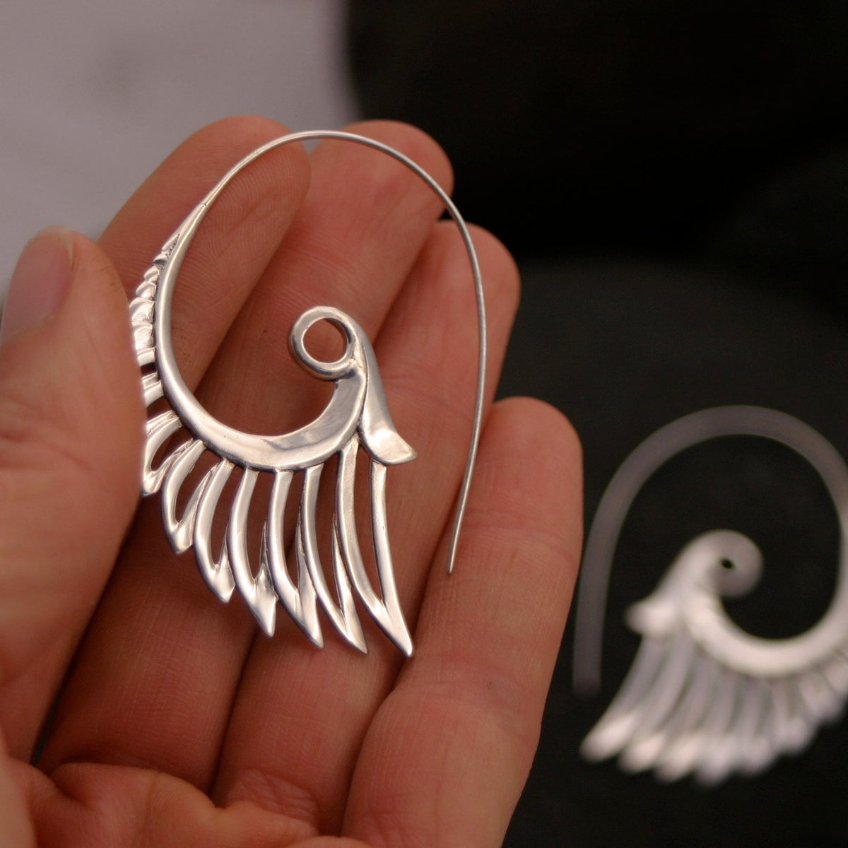 Large Feather Earrings - Silver - Statement Earrings - Bohemian earrings - Goddess