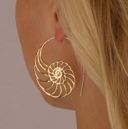 Ammonite Nautilus Earrings Brass with Silver Ear-wire