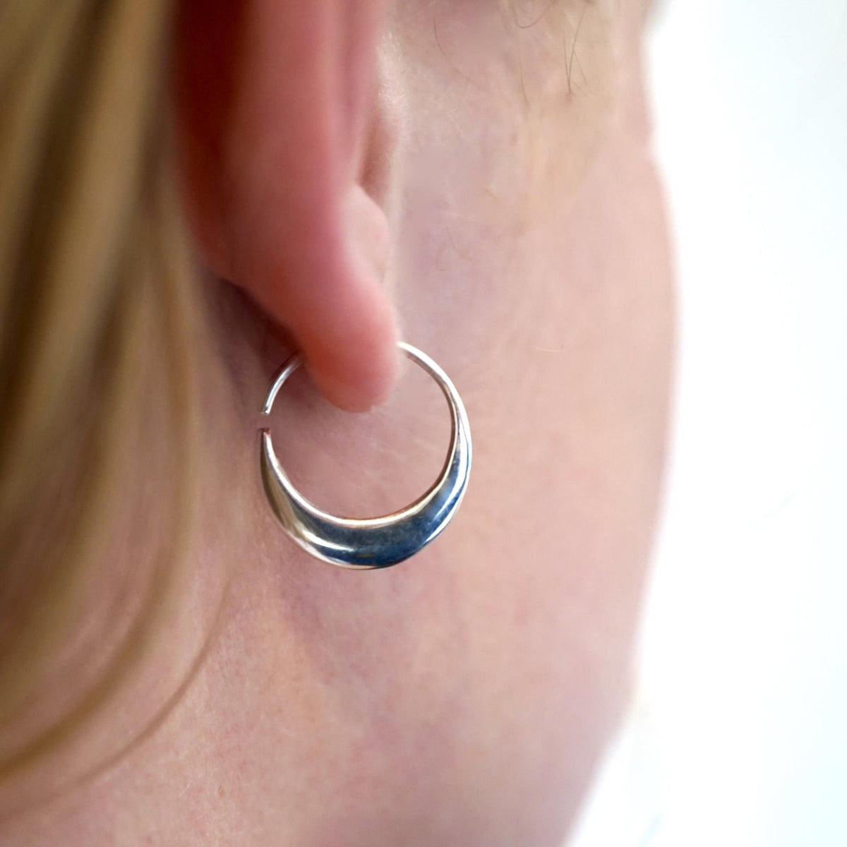 Crescent Moon Hoops 14mm - Solid Sterling Silver Earrings - Sleeper Hoops (S260)