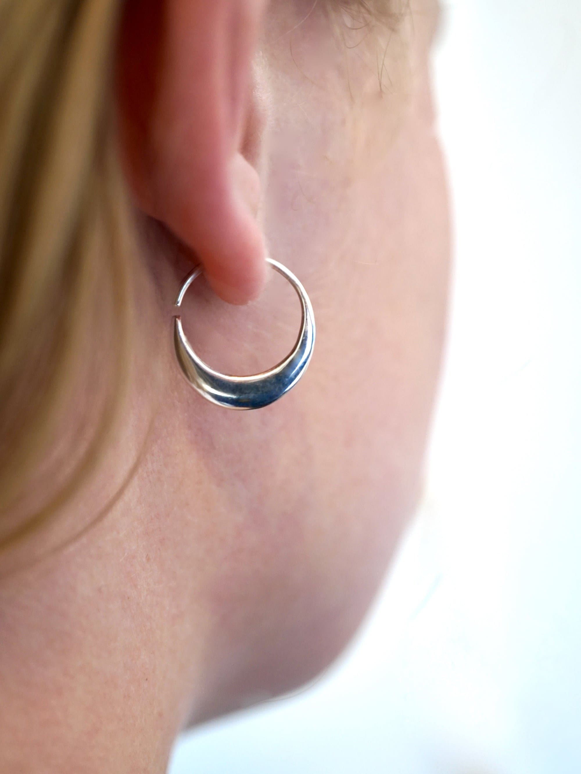 Crescent Moon Hoops 14mm - Solid Sterling Silver Earrings - Sleeper Hoops (S260)