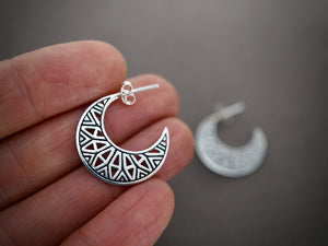 Half Moon Mandala Hoops Earrings Small - Solid Sterling Silver (302S)