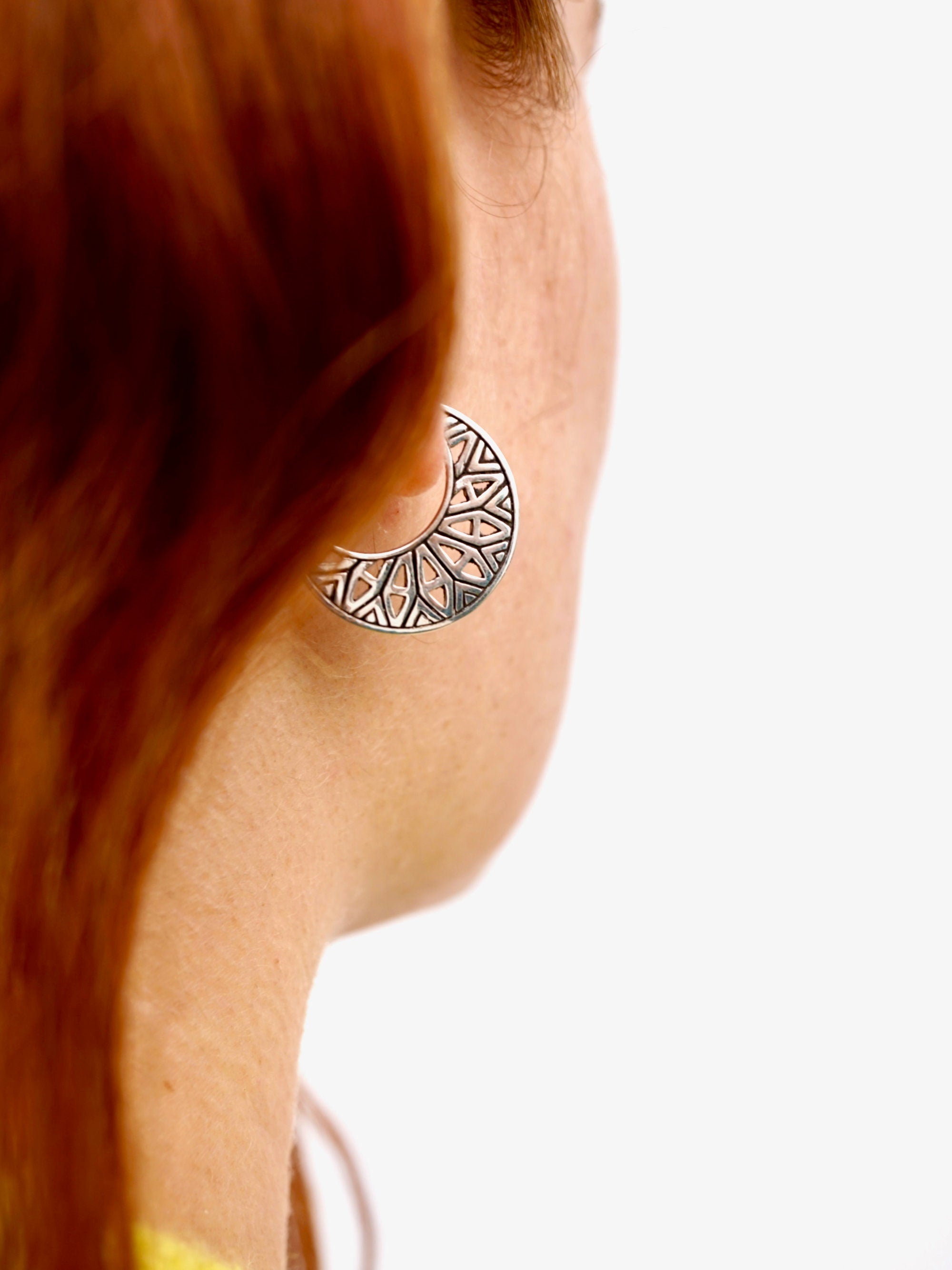 Half Moon Mandala Hoops Earrings Small - Solid Sterling Silver (302S)