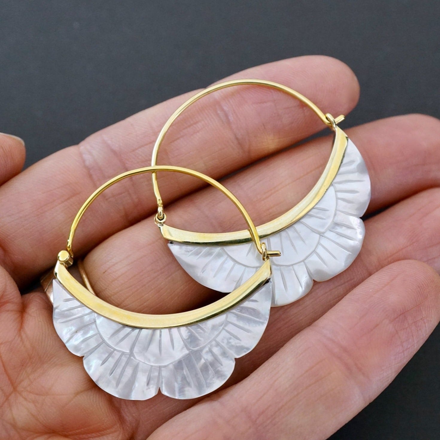 Mother of Pearl Moon Earrings - Crescent Moon Flower - Mother of pearl with Gold-tone bezel (b222)