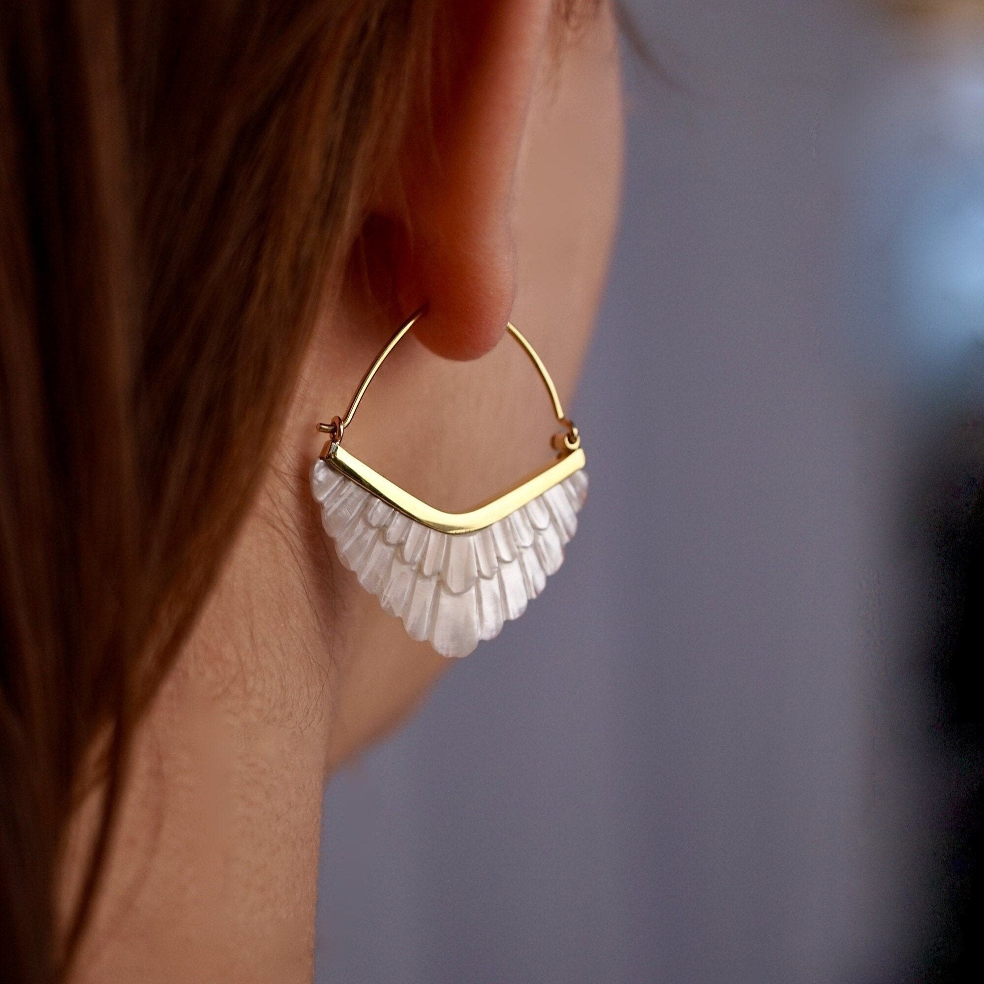 Feathered Hoop Earrings - Mother of Pearl with Gold-tone bezel (324B)