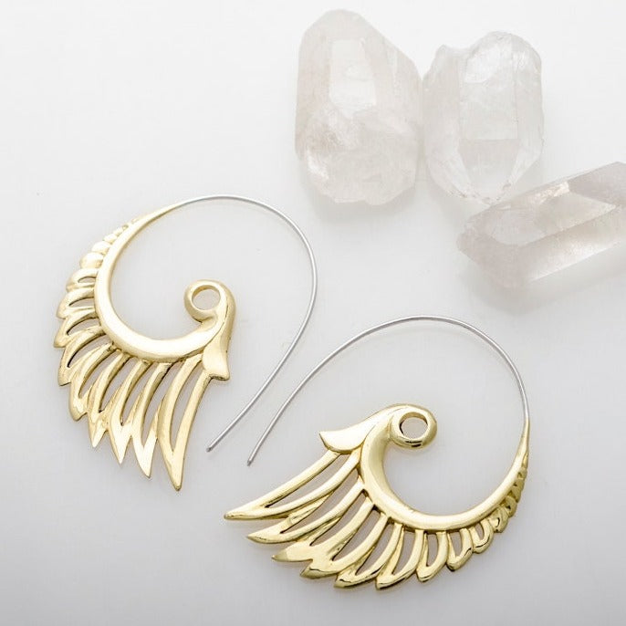 Large Gold Feather Wing Statement Earrings (057B)