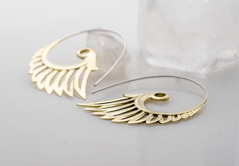 Large Gold Feather Wing Statement Earrings (057B)