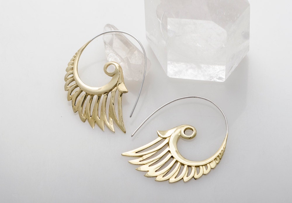 Large Gold Feather Wing Statement Earrings (057B)