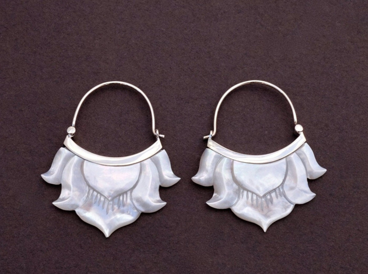 Lotus Flower Hoop Earrings - Mother of Pearl set in Sterling Silver(320S)