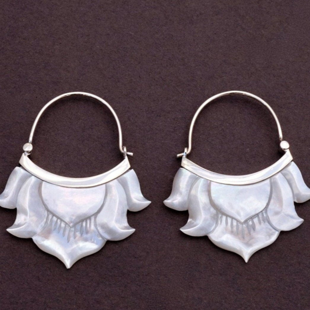 Lotus Flower Hoop Earrings - Mother of Pearl set in Sterling Silver(320S)