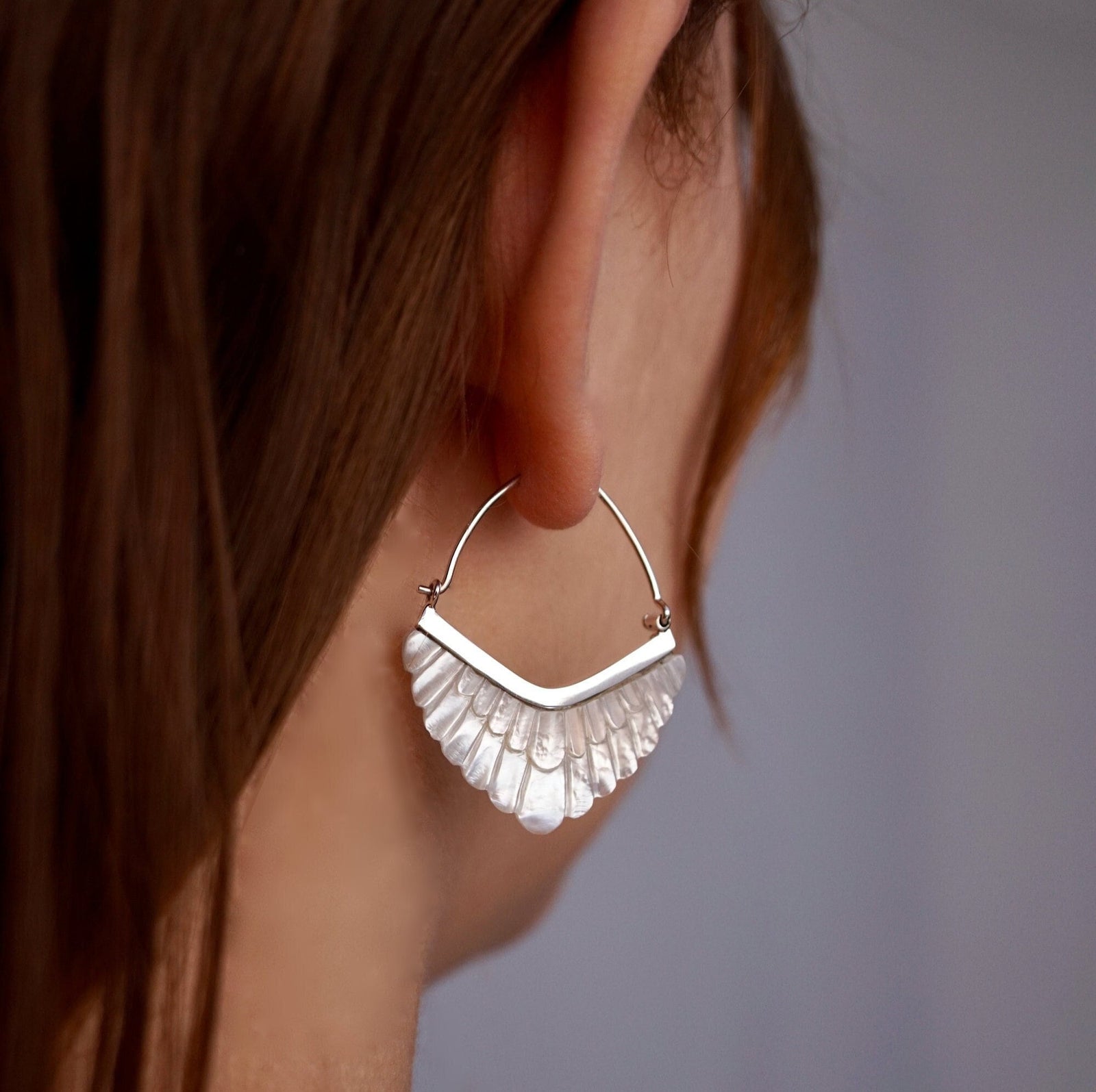 Feathered Hoop Earrings - Mother of Pearl with Gold-tone bezel (324B)