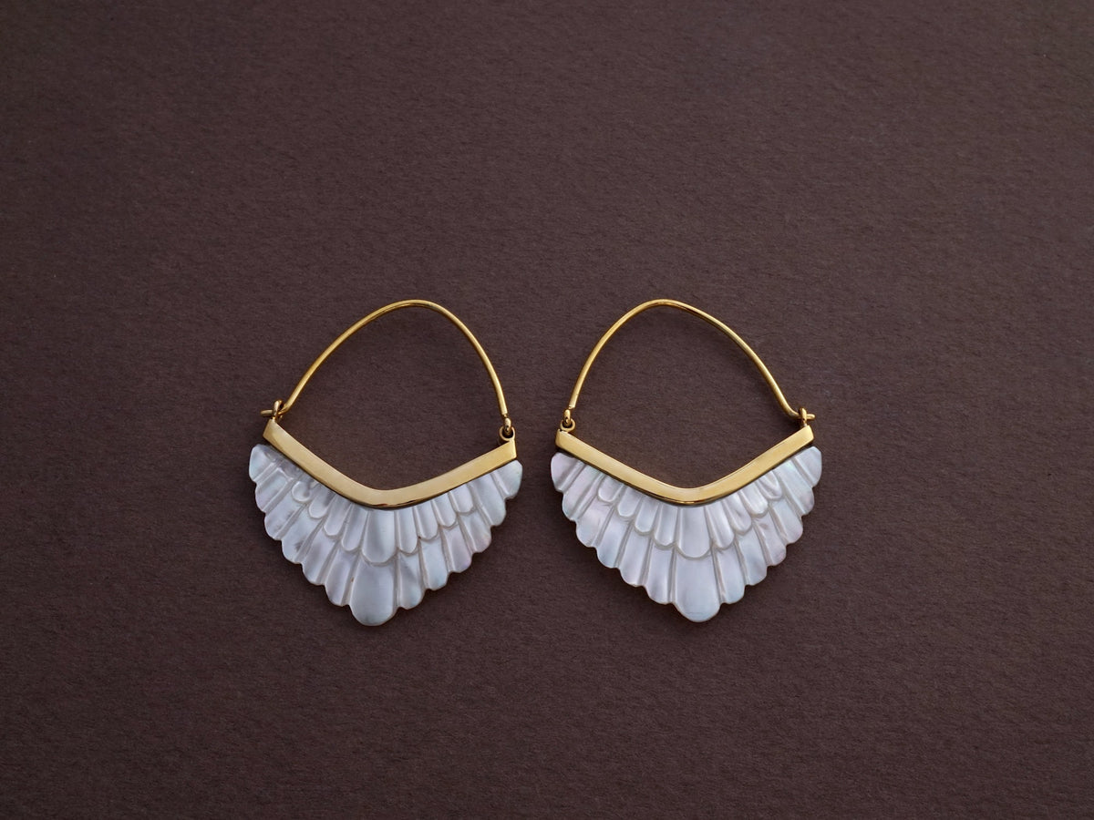 Feathered Hoop Earrings - Mother of Pearl with Gold-tone bezel (324B)