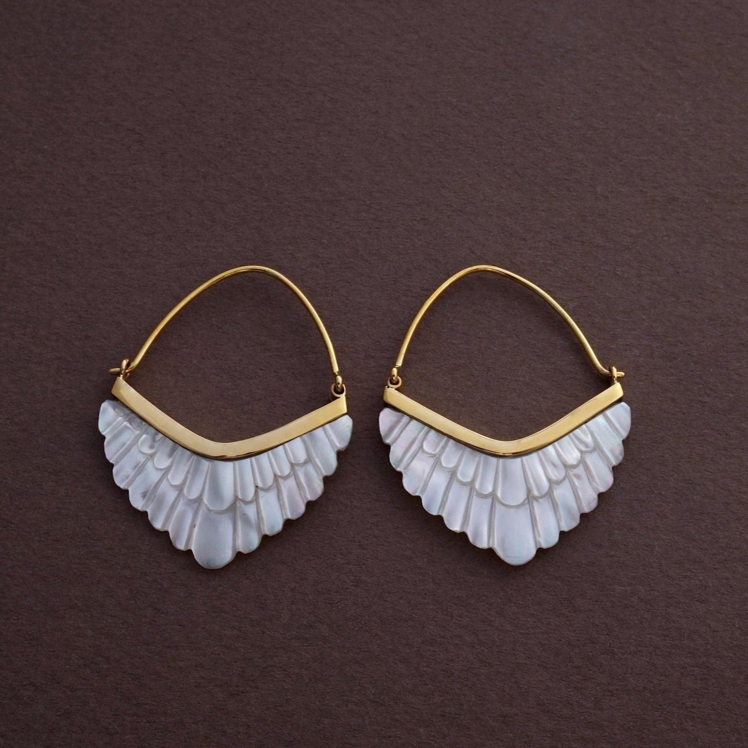 Feather Hoop Earrings - Mother of Pearl set in Gold-tone bezel (324B)