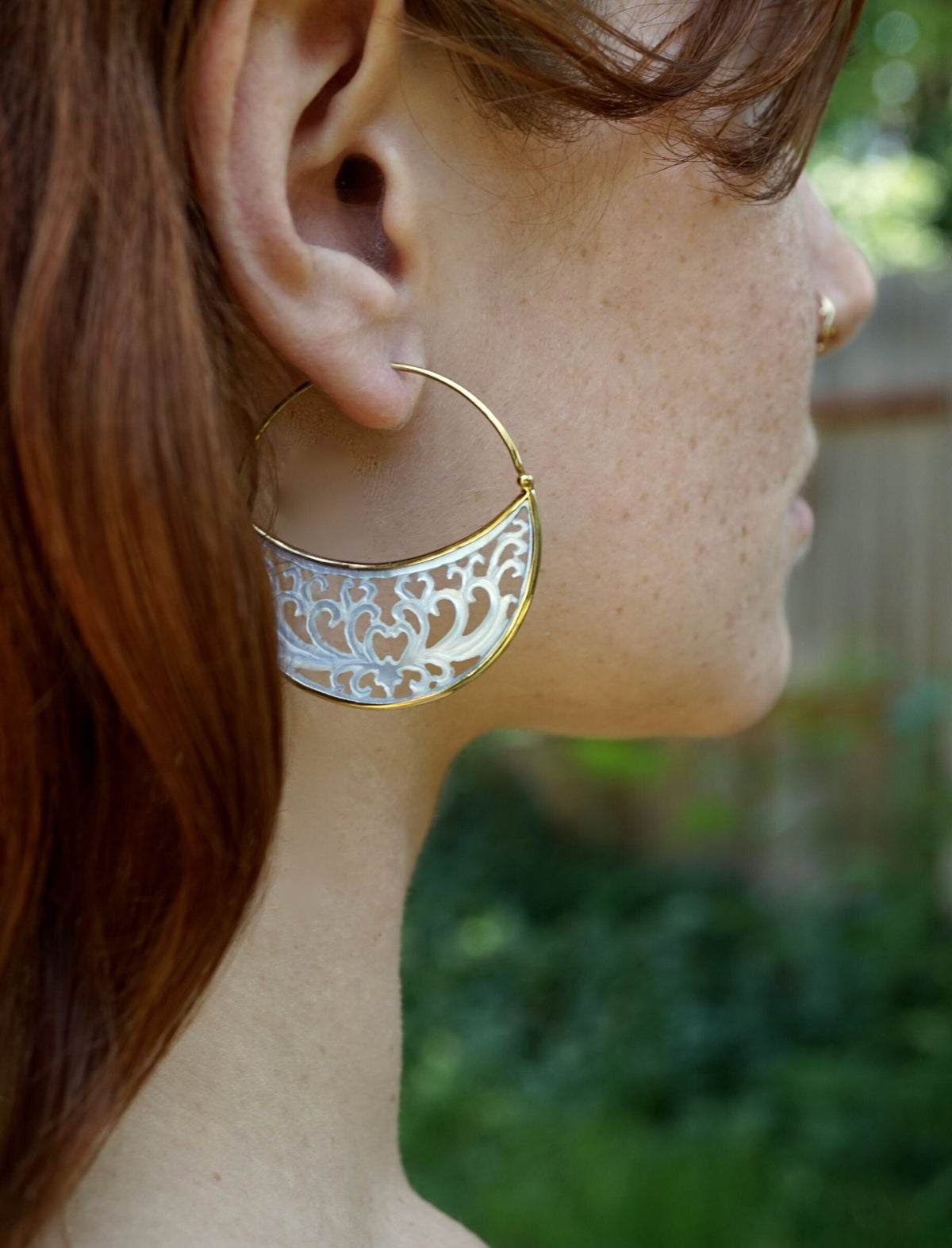 Crescent Moon Earrings - Ornate Mother Of Pearl Hoops - Eclipse Statement earrings - (292B)