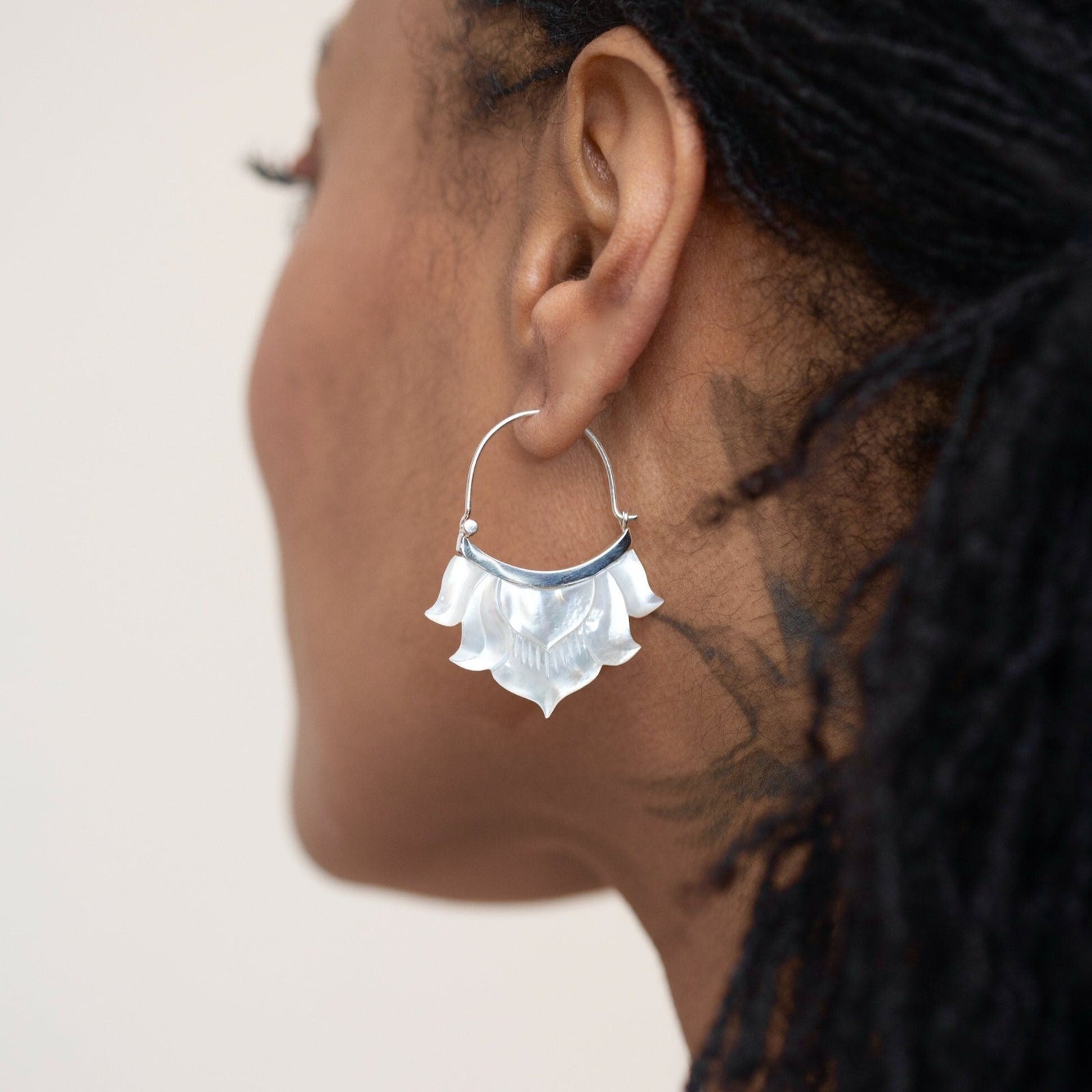 Lotus Flower Hoop Earrings - Mother of Pearl set in Sterling Silver(320S)