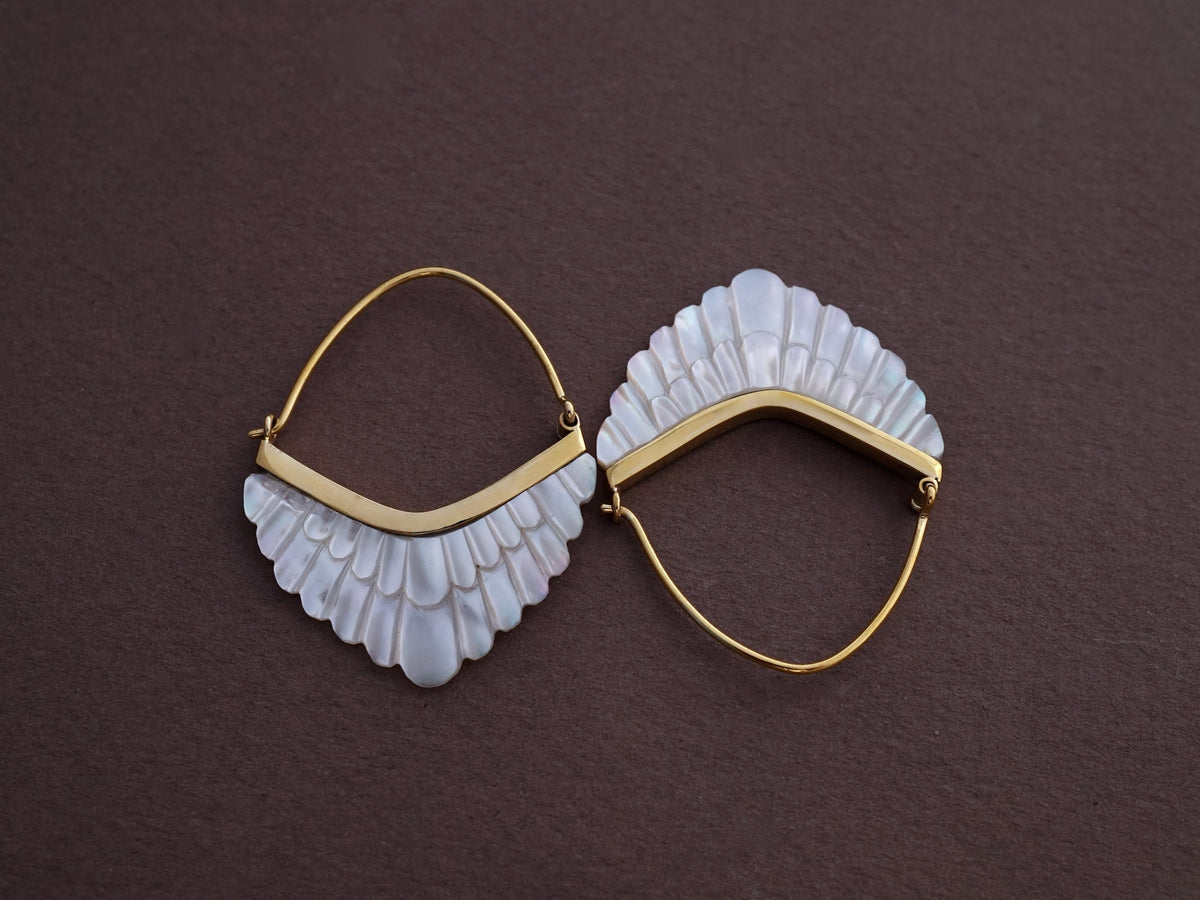 Feathered Hoop Earrings - Mother of Pearl with Gold-tone bezel (324B)