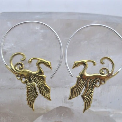 Rising Phoenix Bird Earrings Artisan Brass and Silver