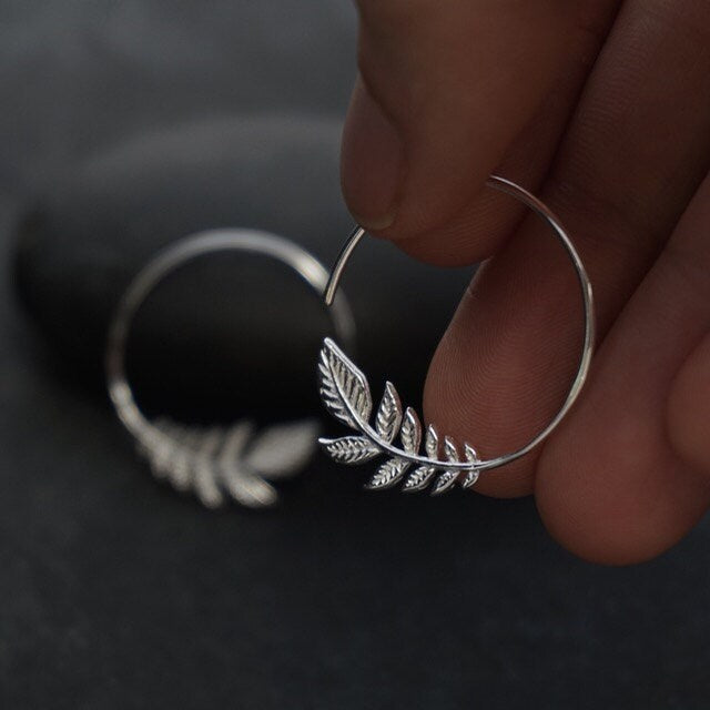 Leaf Earrings - Small Sterling Silver Hoop Earrings - Olive Leaves. (134S)