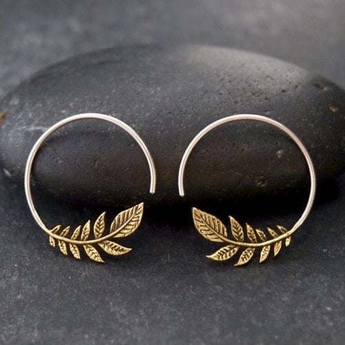 Olive Leaf Earrings - Brass with solid sterling silver hoop - Peace Earrings